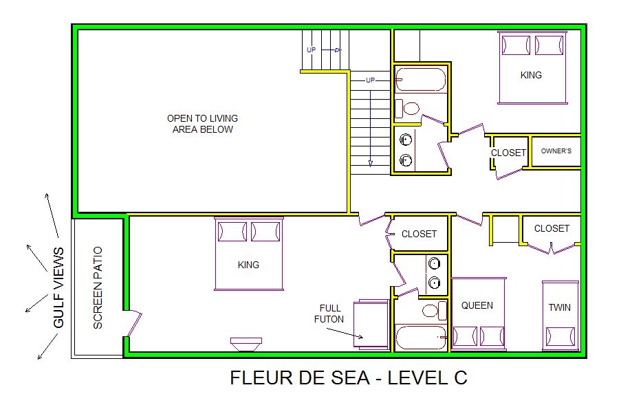 A level C layout view of Sand 'N Sea's beachfront house vacation rental in Galveston named Fleur De Sea